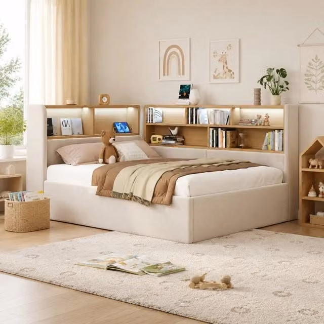 Letto imbottito con contenitore idraulico, LED e USB-C in velluto beige