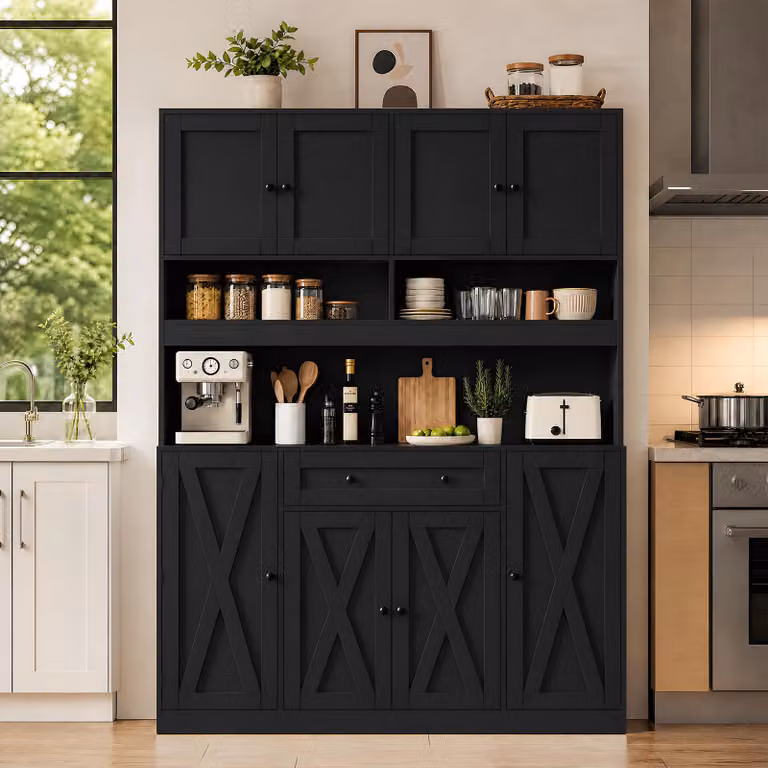 Mobiletto da cucina/credenza MODFU con presa di corrente, armadietto contenitore con ripiani regolabili, mobiletto alto 140 x 40 x 185 cm, colore nero