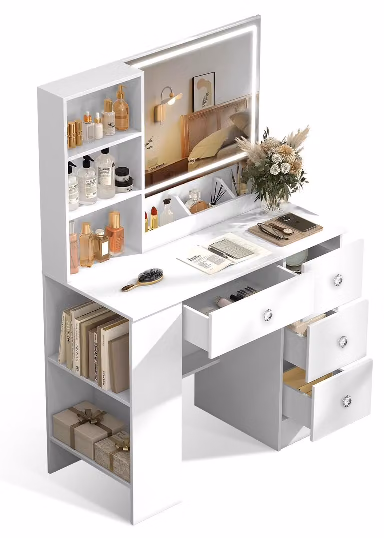 Comò da trucco da 90 cm con specchio a LED, 4 cassetti, bianco