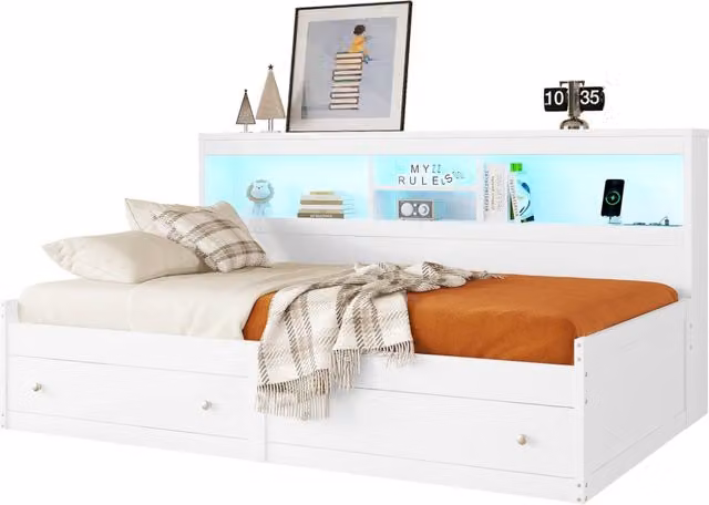 Letto singolo moderno bianco con 2 cassetti, illuminazione LED, porte USB e ripiani, L/P/H: 90 x 200 x 115 cm – 1