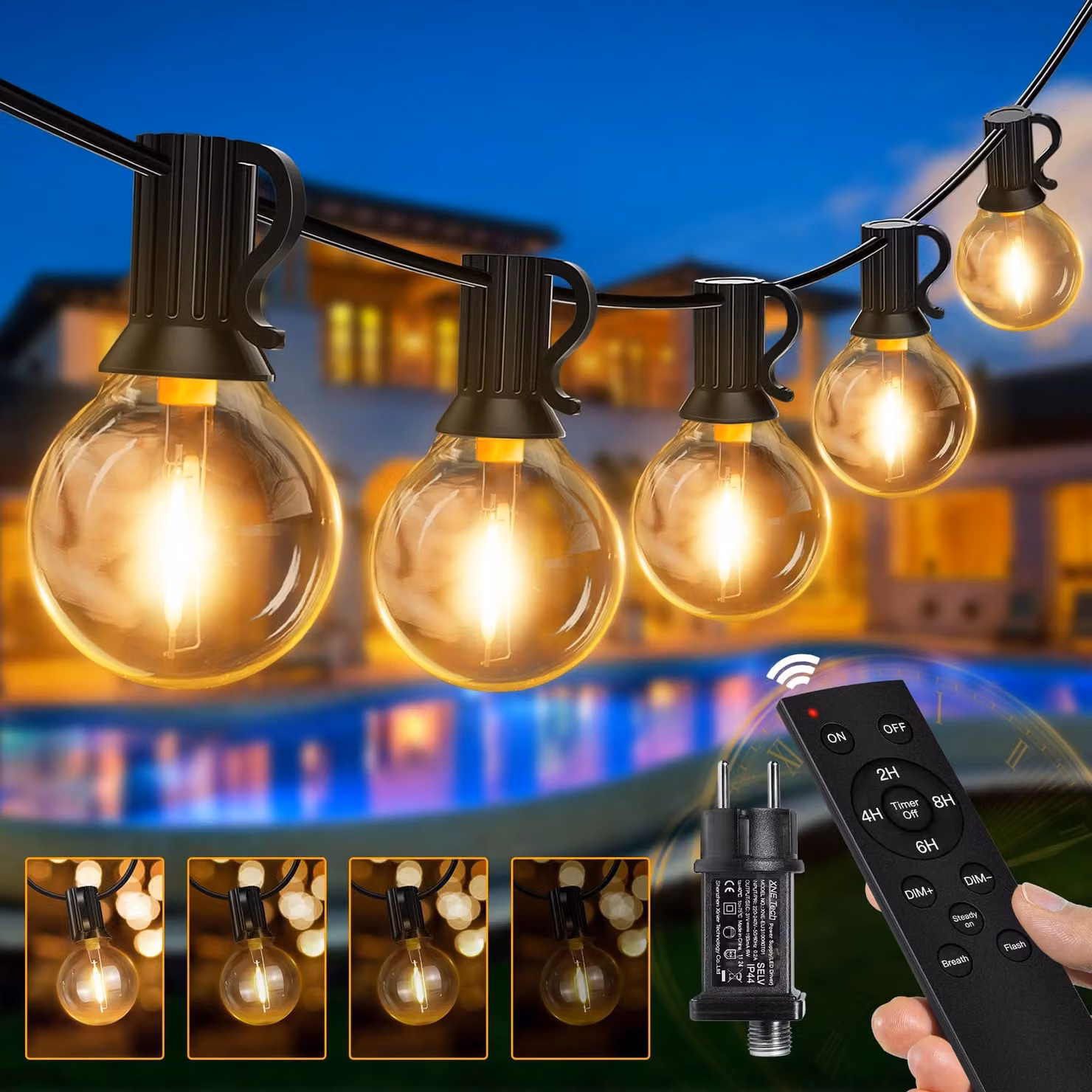 Catena luminosa da 20 metri, con 25+2 lampadine LED G40, dimmerabile, grado di protezione IP45