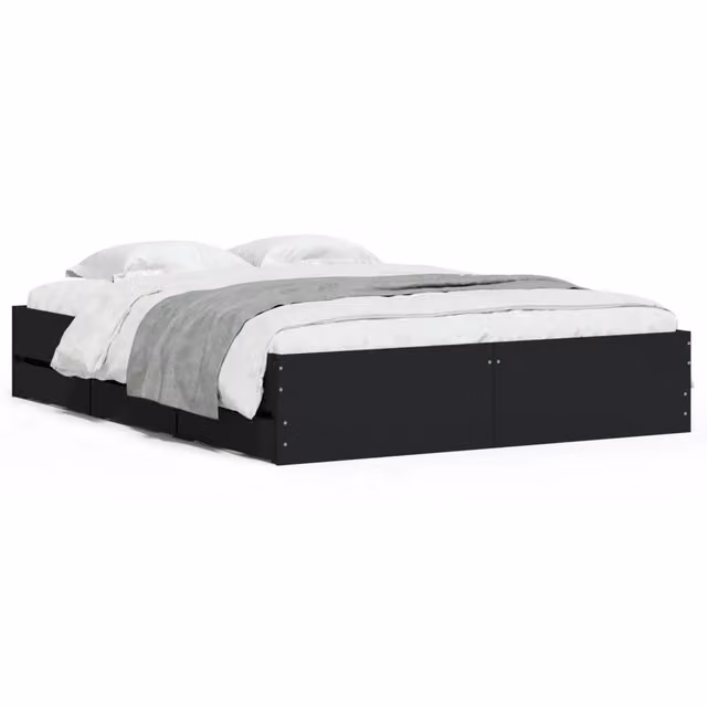Letto matrimoniale | Letto per adulti | Giroletto con Cassetti Nero 150x200 cm in Legno Multistrato
