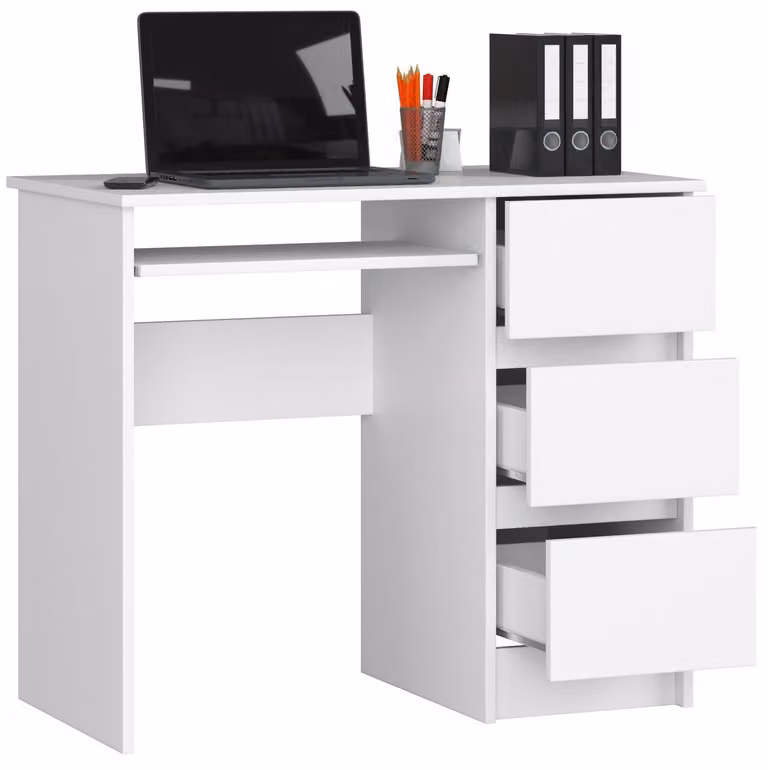 Scrivania da 90 cm con 3 cassetti e ripiano estraibile per tastiera; scrivania per computer, scrivania da lavoro