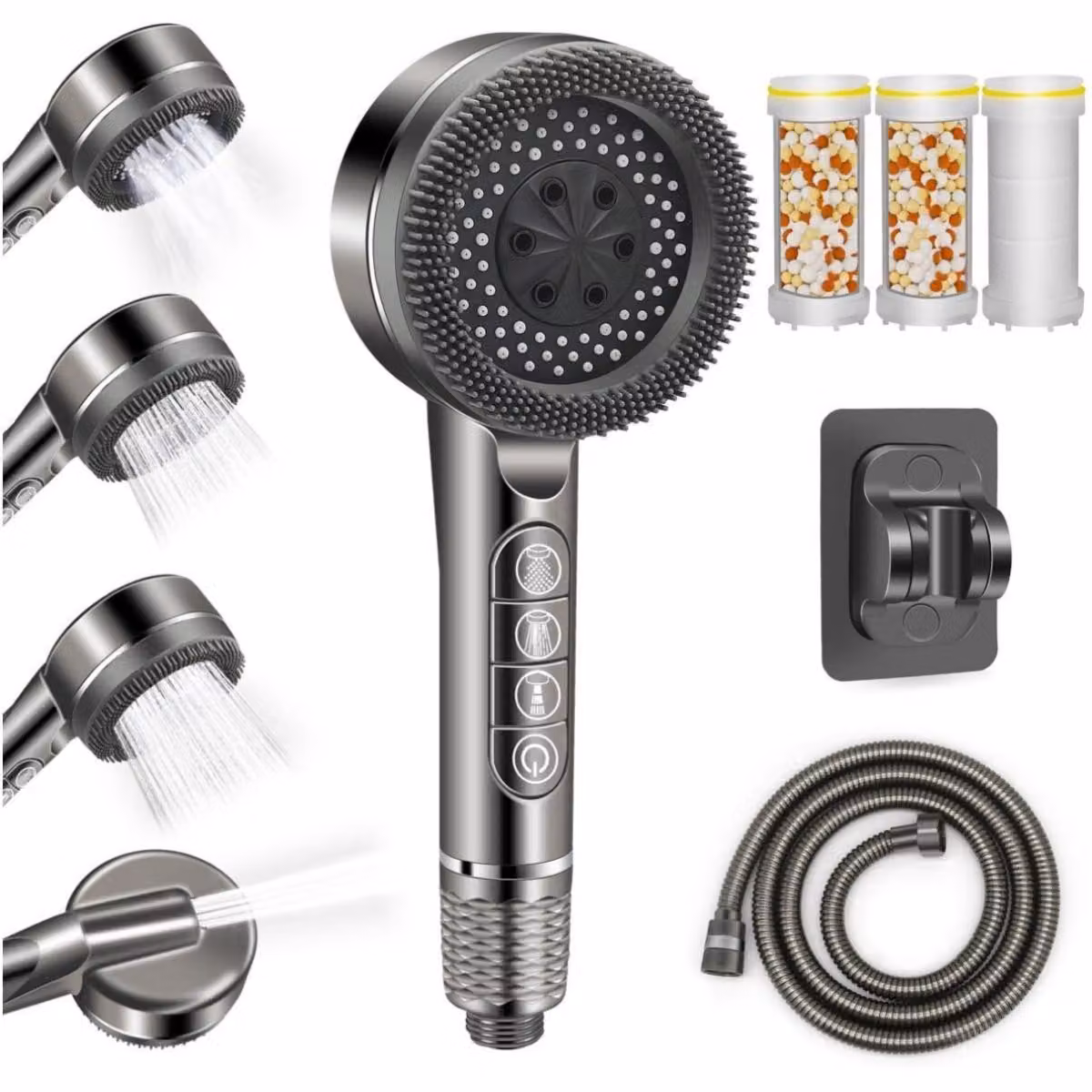 Soffione doccia con flessibile e supporto a muro – Set doccia con filtro – Doccetta e soffione a pioggia – Alta pressione – Risparmio idrico – 4 tipi di getto – Benessere – Migliore