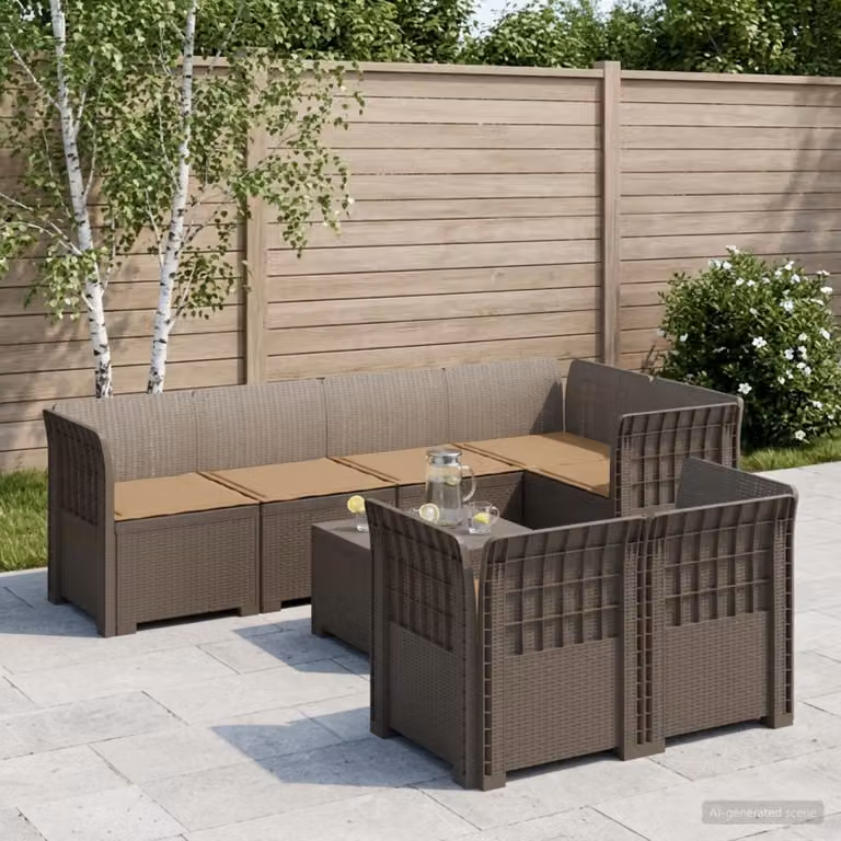 Set da giardino vidaXL a forma di U con 7 posti, in polyrattan con cuscini inclusi, resistente ai raggi UV, grigio e marrone