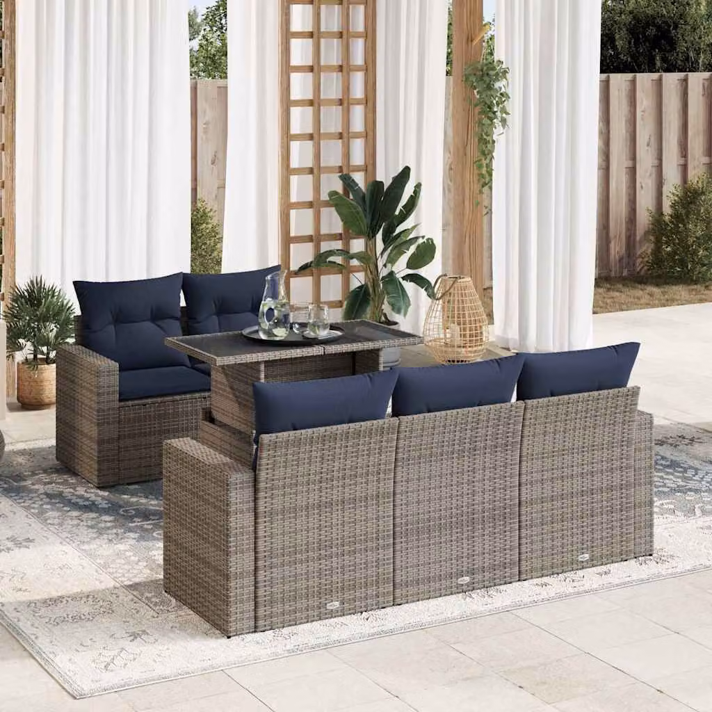 Set Divano da Giardino vidaXL 6pz con Cuscini in Polyrattan e Legno di Acacia Grigio