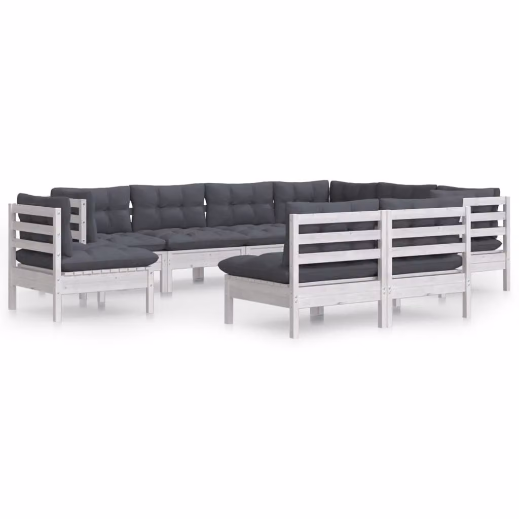 Set Divani da Giardino 9 pz con Cuscini Bianchi Legno di Pino