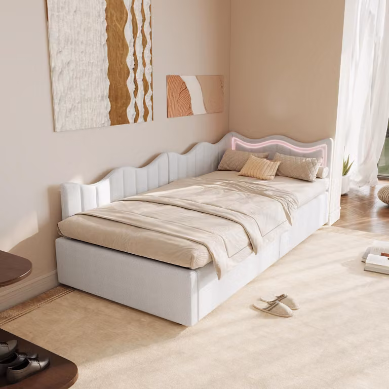 Letto per bambini in tessuto ProximaX 90x200 cm bianco con illuminazione a LED e molla a gas - divano e letto singolo con contenitore e rete a doghe