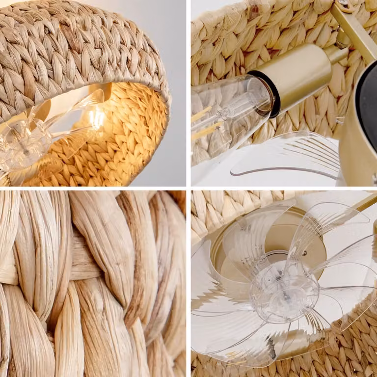 Ventilatore a soffitto Minimal con luce LED in rattan e controllo tramite app o telecomando, bianco