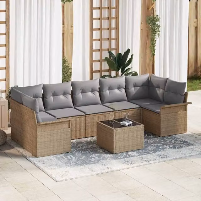 vidaXL Set Divano da Giardino Moderno a L con Tavolino in Vetro, 8 Pezzi, Beige e Grigio – 1