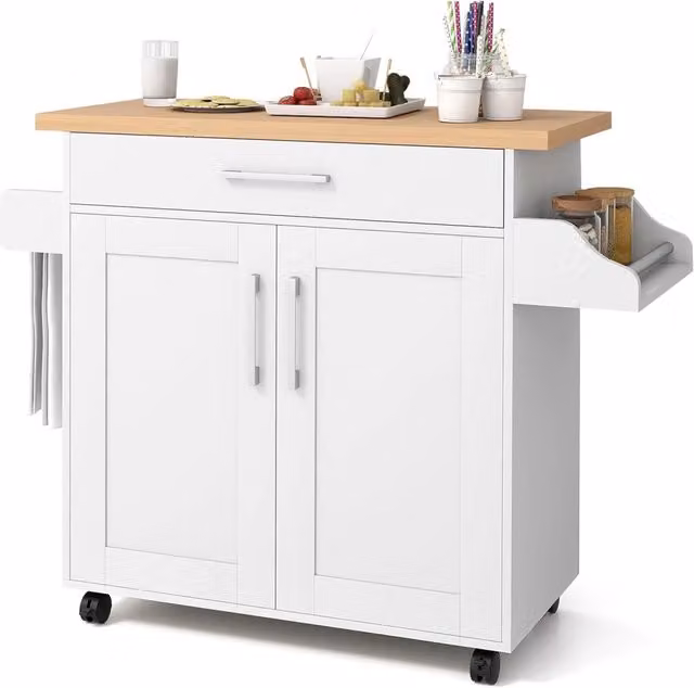 Carrello da cucina salvaspazio COSTWAY bianco con cassetto e ripiano regolabile, L 111 x P 40 x H 90 cm – 1