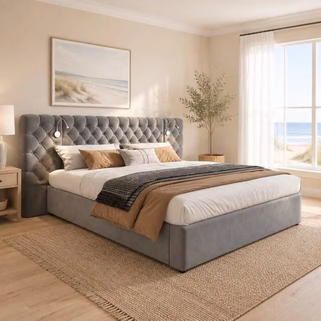 Letto imbottito 180x200 cm con vano contenitore idraulico, testiera ampia in velluto grigio, illuminazione LED e rete a doghe in legno