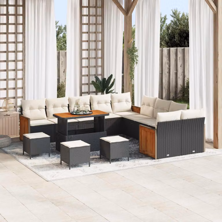 Set Divano da Giardino vidaXL 14 Pezzi a Forma di U con Cuscini Nero e Beige