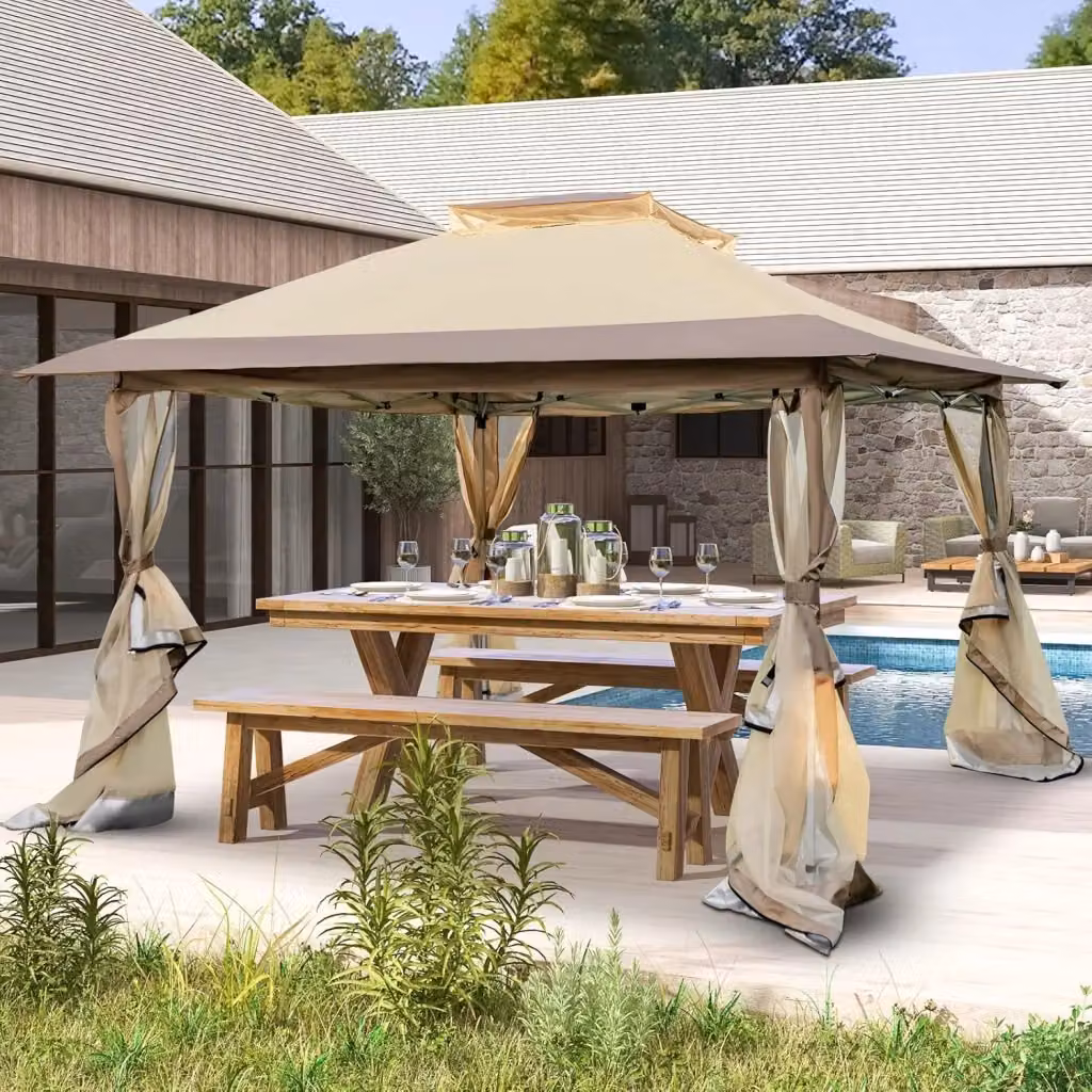 Gazebo Pieghevole Pop-up COSTWAY con Rete e Borsa da Trasporto con Ruote, Regolabile in Altezza, Colore Beige o Marrone, L/P: 360 x 360 cm – 2