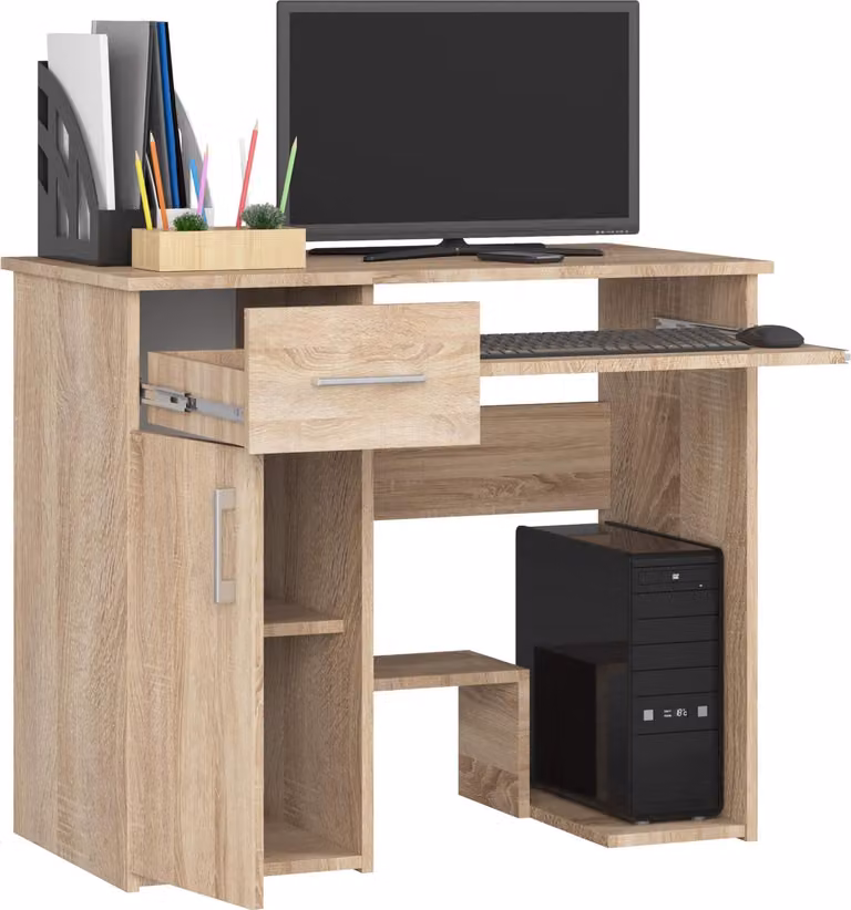 Scrivania da 90 cm con ripiano per tastiera, 1 cassetto e 1 anta; scrivania per computer, tavolo da lavoro