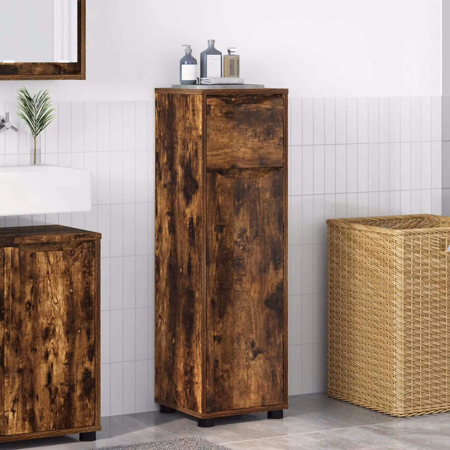 Mobile da bagno vidaXL in rovere fumé con ripiani interni e ante a battente, L/P/H: 30,5 x 30 x 101 cm