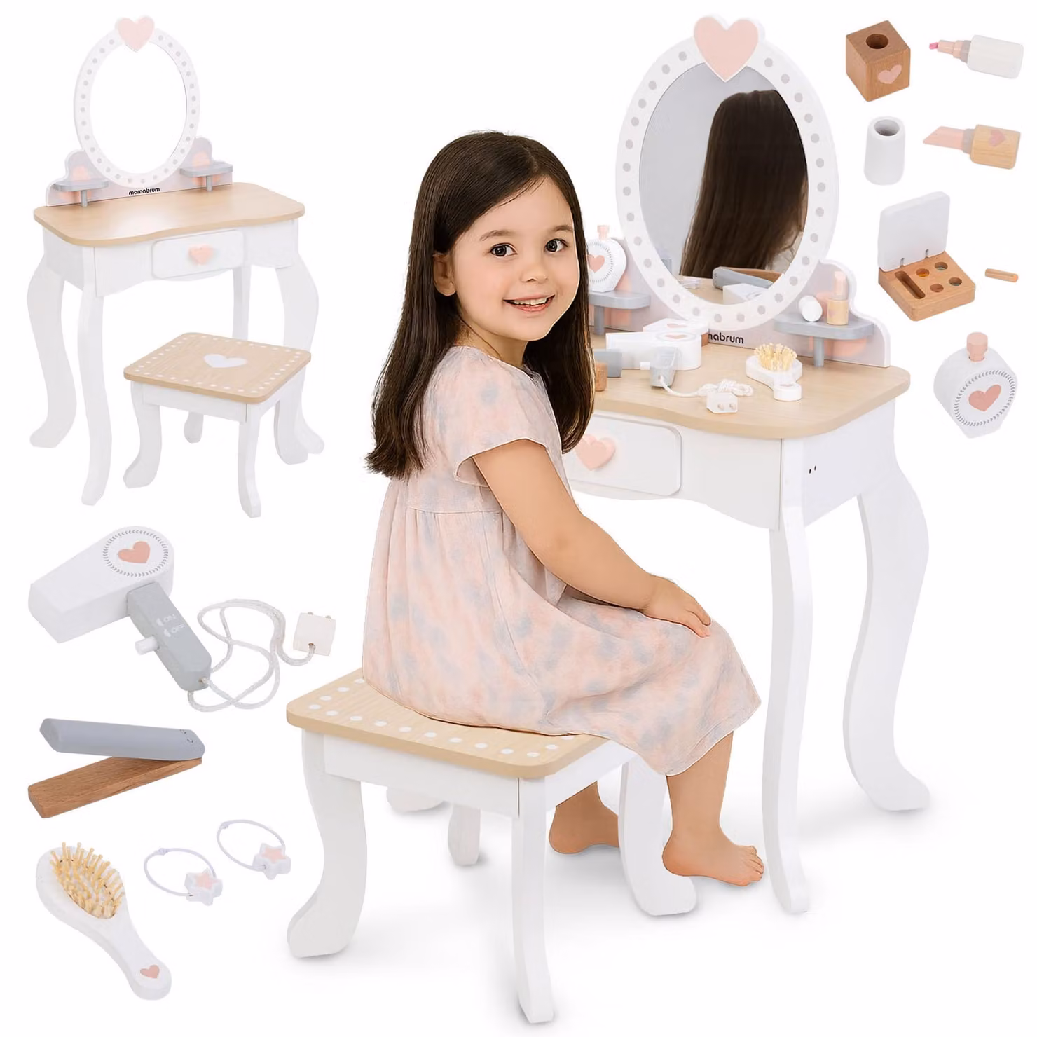 Tavolino da toilette in legno con sgabello e accessori