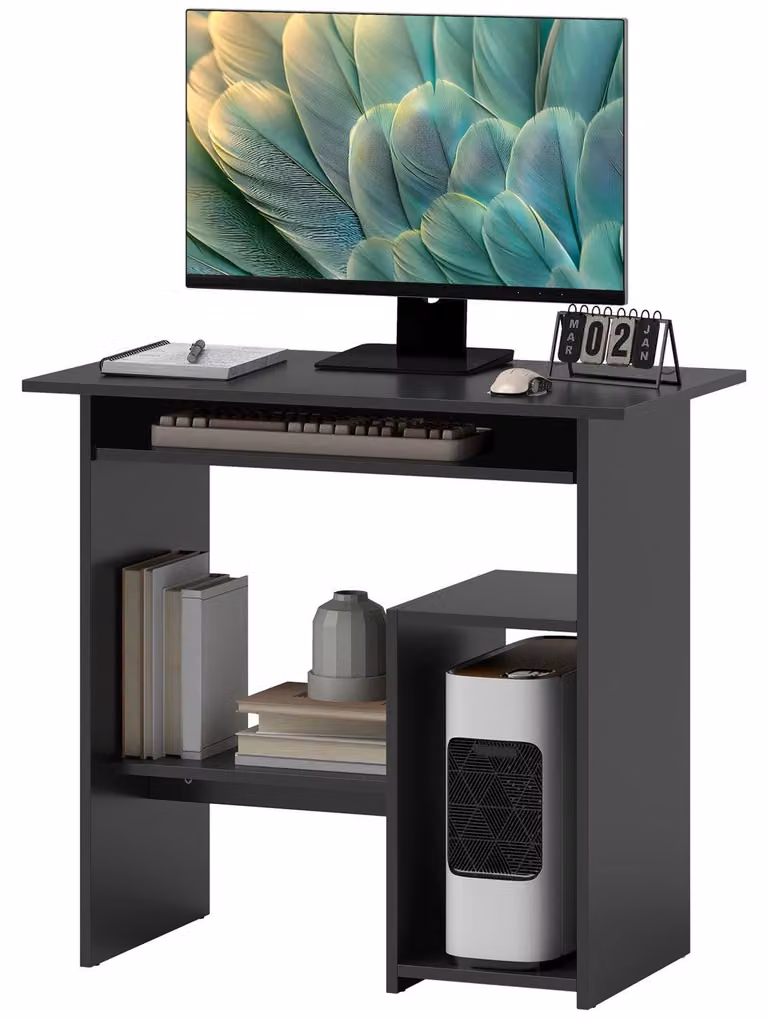 Tavolo per computer, scrivania con vani aperti e ripiani, tavolo da ufficio, scrivania per bambini, tavolo per PC per ufficio, studio, 80 x 45 x 75 cm, nero