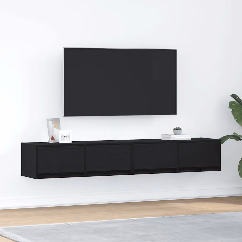 Set di 2 mobili porta TV moderni Design In in legno multistrato nero opaco, sospesi a parete, L: 80 cm, P: 31 cm, H: 25,5 cm – 2