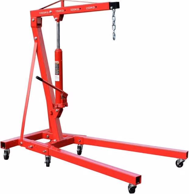 Gru da officina pieghevole in metallo rosso per carichi fino a 1000 kg con portale di sollevamento regolabile da 960 a 1240 mm