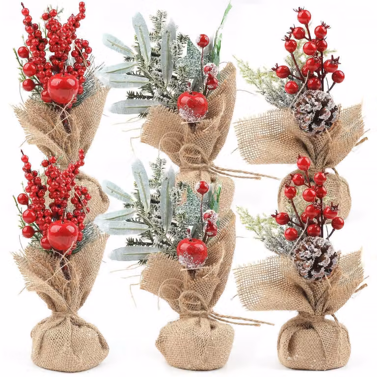 Mini albero di Natale decorativo da tavolo, artificiale, set da 6, altezza 25 cm, con base in legno