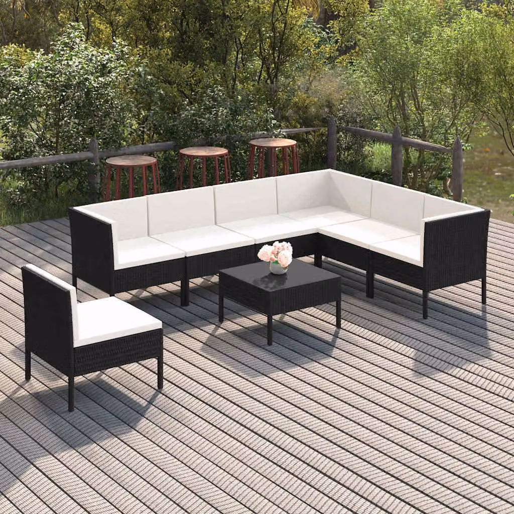 Set Divani da Giardino vidaXL 8 pz con Cuscini, Design Moderno a L con Elementi Angolari e Ottoman, Struttura in Acciaio Verniciato a Polvere e Polyrattan, Colore Nero e Bianco