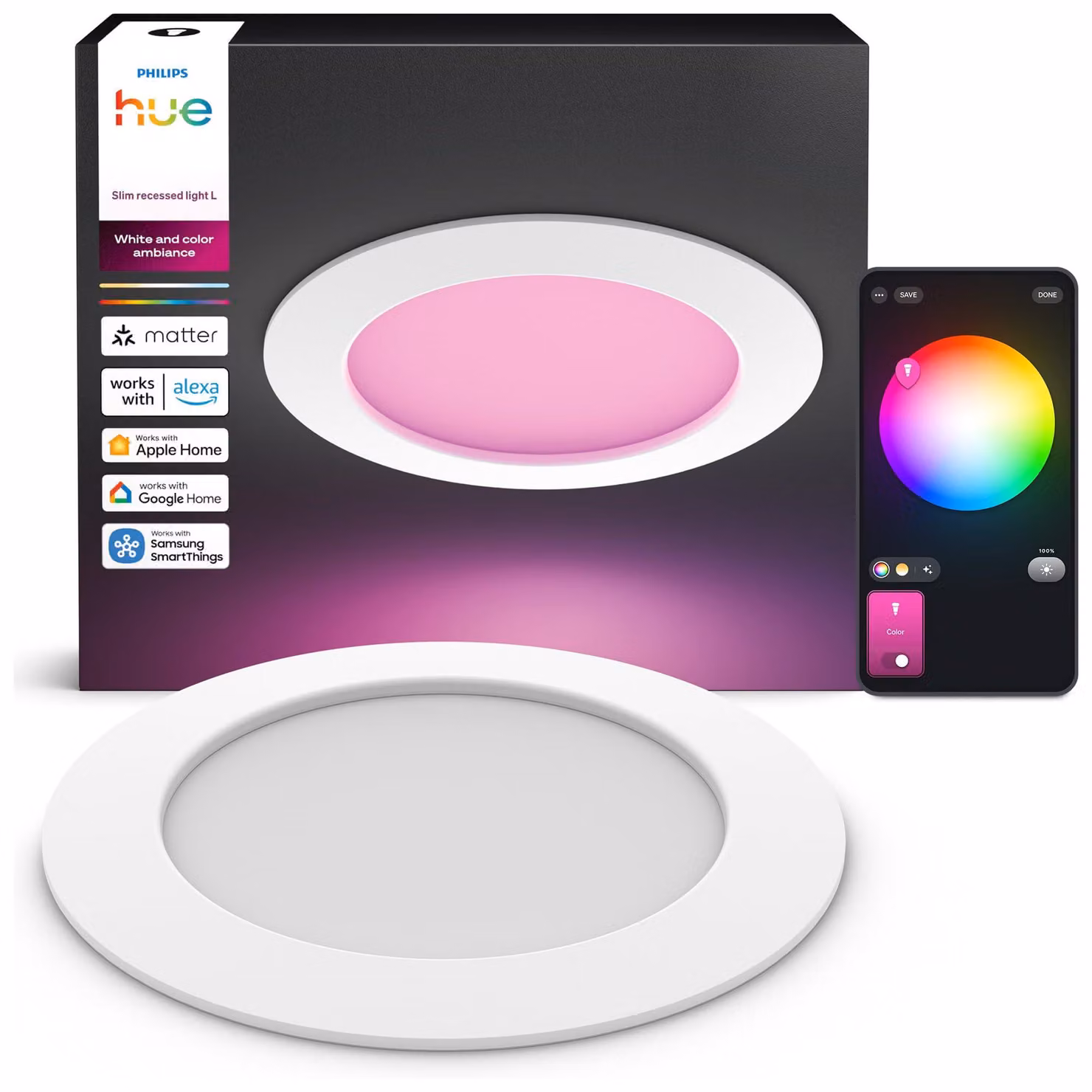 Philips Hue White and Color ambiance Lampada da incasso sottile da 170 mm, Bluetooth/Zigbee, Bianco, LED, Policarbonato (PC), Varie, 1000 K
