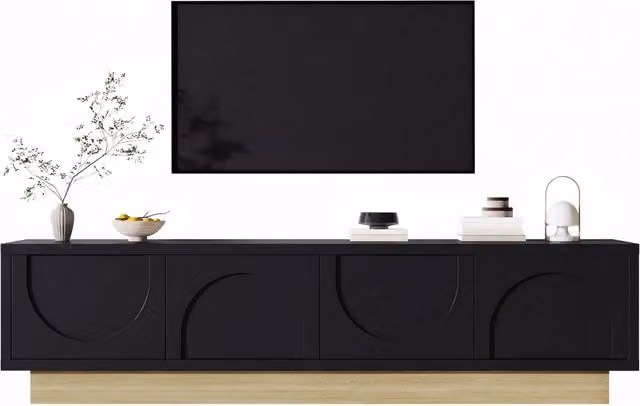 Mobile TV moderno nero effetto legno, 175 cm, design minimalista curvo, ampio spazio di archiviazione e gestione cavi