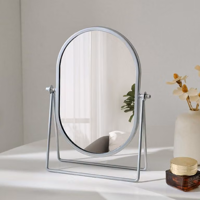 Specchio da scrivania rotondo, regolabile, con cornice in metallo, diametro 20 cm, ideale per il trucco