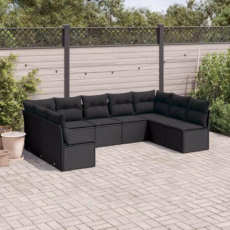 vidaXL Set Divani da Giardino a L 9 pz con Cuscini Nero in Polyrattan e Acciaio