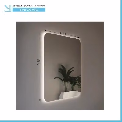 Specchio da bagno rettangolare con illuminazione perimetrale LED, reversibile, L: 110 cm, H: 90 cm – 2