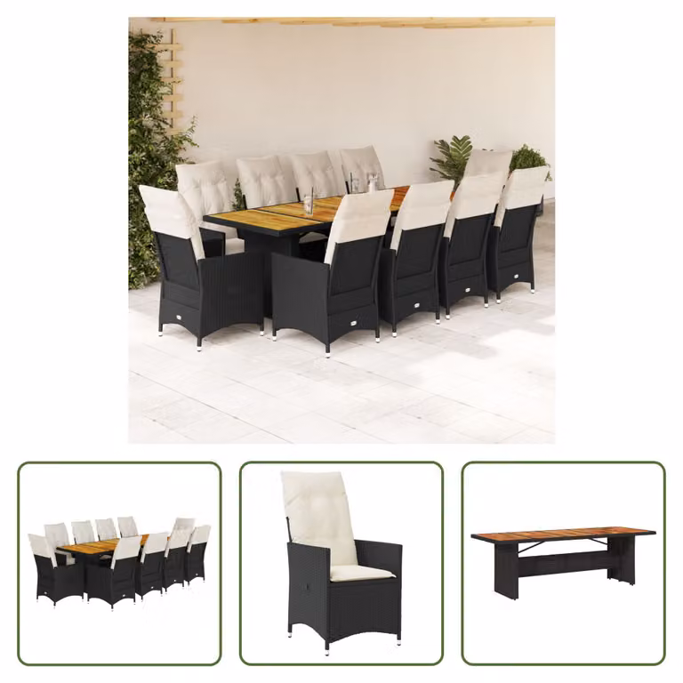The Living Store Set bistrot da giardino da 11 pezzi con cuscini in poly rattan nero