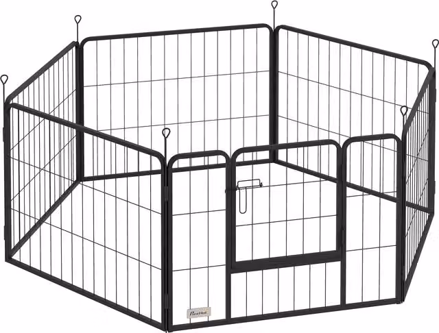 PawHut Recinto per Cani Modulabile a 6 Pannelli in Acciaio Nero con Porta di Ingresso L: 80 cm, H: 60 cm, P: 1.5 cm – 1