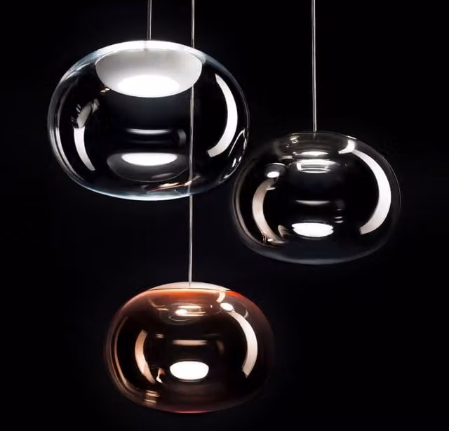 Lampada a sospensione Stilnovo La Marièe in vetro trasparente con finiture oro, ottone e rame, regolabile e dimmabile con luce LED bianco caldo