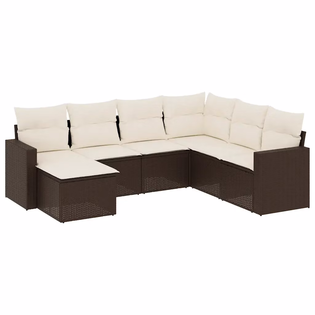 Set di divani da giardino vidaXL a forma di L composto da 7 pezzi con cuscini marroni e bianchi in polyrattan e tessuto resistente ai raggi UV – 2