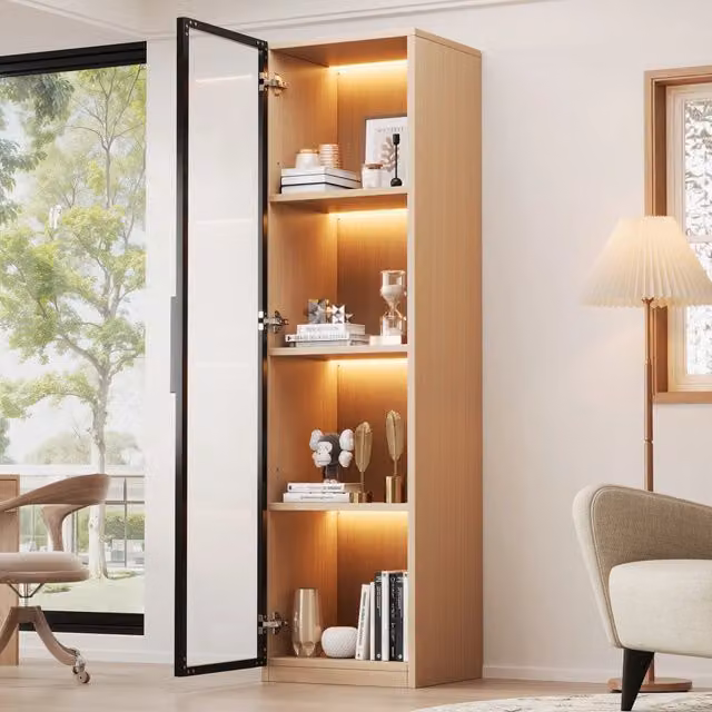 Vetrina stretta 40 x 40 x 165 cm con anta in vetro temperato e LED; MDF effetto rovere