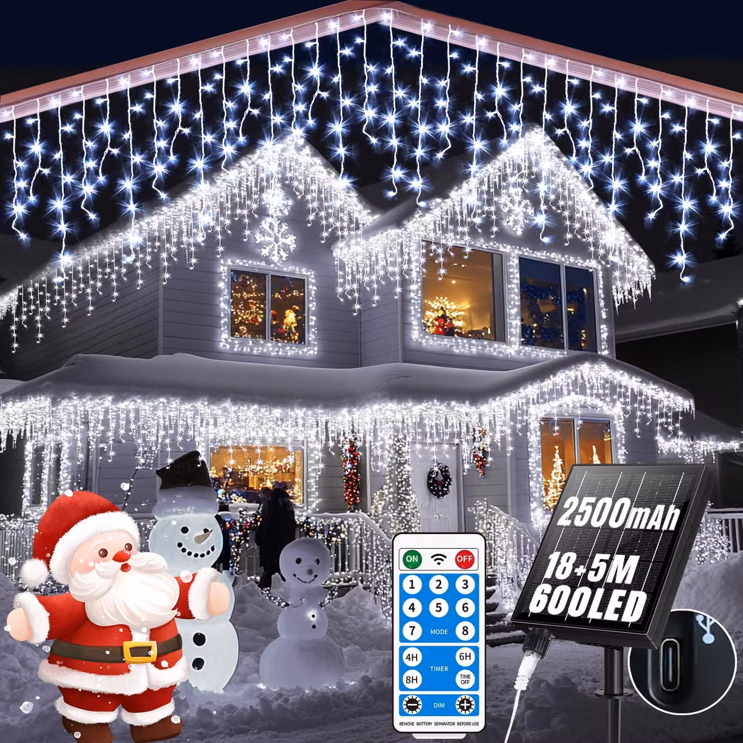 Catena luminosa a LED a forma di ghiacciolo, alimentata a energia solare, modello 02, 600 LED, con timer, impermeabile