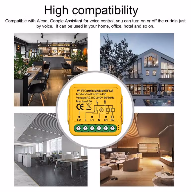 Modulo intelligente Tuya WIFI 433 per tende, interruttore a lamelle, comando elettrico motorizzato per tapparelle, telecomandi tramite app, compatibile con Alexa e assistenti vocali