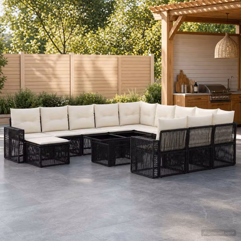 Set Divano da Giardino vidaXL 13 pz in Polyrattan Nero e Bianco Crema con Cuscini e Tavolino da Caffè
