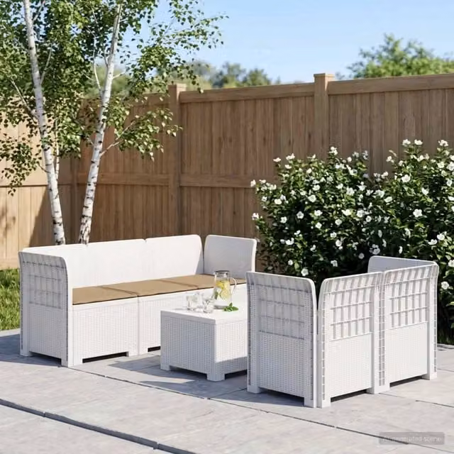 Divano da Giardino 5 Posti con Cuscini Stile Rattan PP Bianco 3443900