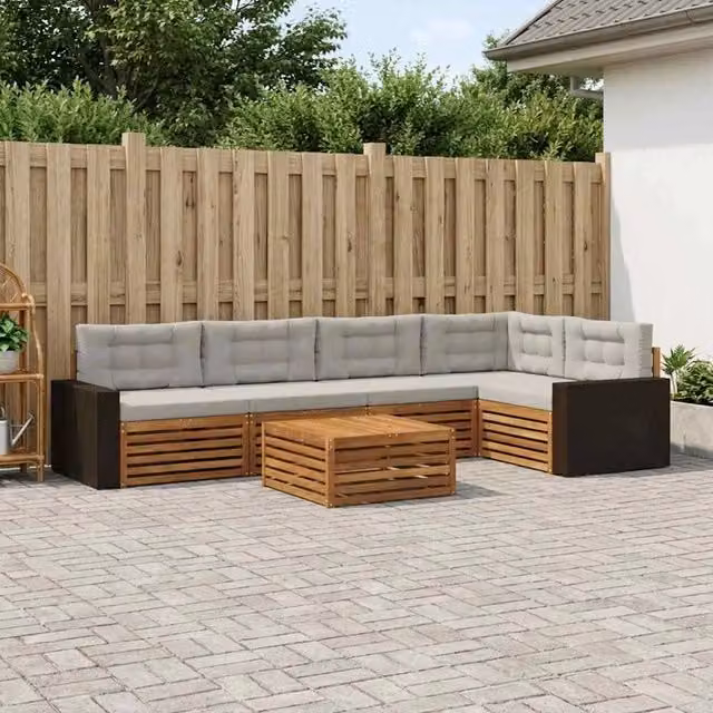 Set di divani da esterno vidaXL a forma di L con tavolo da caffè, in legno di acacia trattato, colore beige e grigio, composto da 6 pezzi con cuscini inclusi – 1