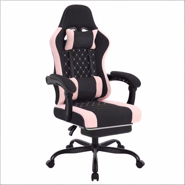 Sedia da gaming e ufficio girevole con massaggio, poggiapiedi e poggiatesta, schienale reclinabile in tessuto mesh nero e rosa