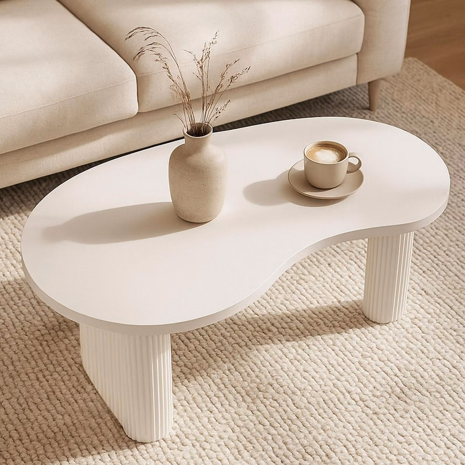 Tavolino HWC-O29, tavolino da divano, forma organica in legno melaminico, 45x110x60cm ~ bianco