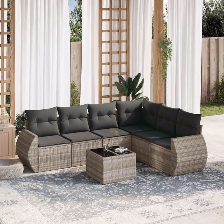 Set di divani da giardino vidaXL in polyrattan grigio con cuscini, tavolino e poltrone lounge a forma di L