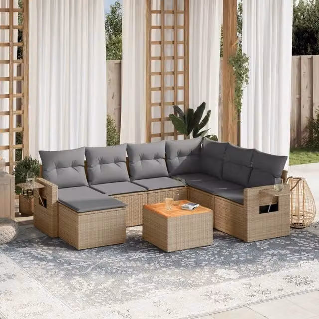 vidaXL Set Divano da Giardino 8 pz a L in Polyrattan con Cuscini Beige e Grigio – 1