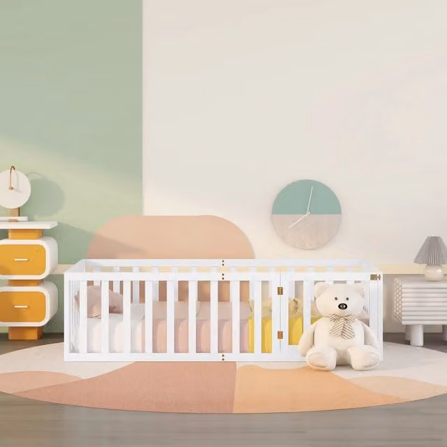 Letto per bambini 90×200 cm basso con barriera di sicurezza e porta apribile, senza materasso, bianco