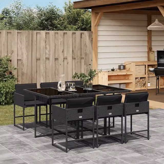 Set da pranzo da giardino vidaXL in polyrattan nero con cuscini e tavolo in vetro, 7 pezzi – 1