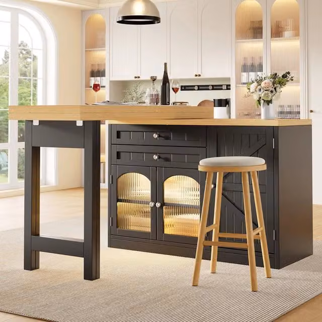 Tavolo da pranzo allungabile isola cucina ¨C Minimal ¨C 120-194cm, piano girevole, vetro, cassetti, bianco/nero