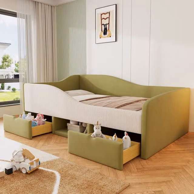 Letto per bambini 90 × 190 cm con 2 cassetti, vano scarpe e sponde imbottite, senza materasso, verde e avorio