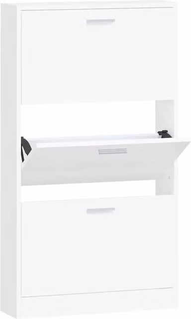 Scarpiera moderna in MDF bianco con scomparti basculanti per ingresso, corridoio o soggiorno, L: 59 cm, P: 17 cm, H: 108 cm